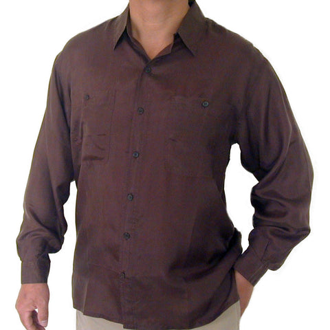 Men's Long Sleeve 100% Silk Shirt (Brown) S,M,L